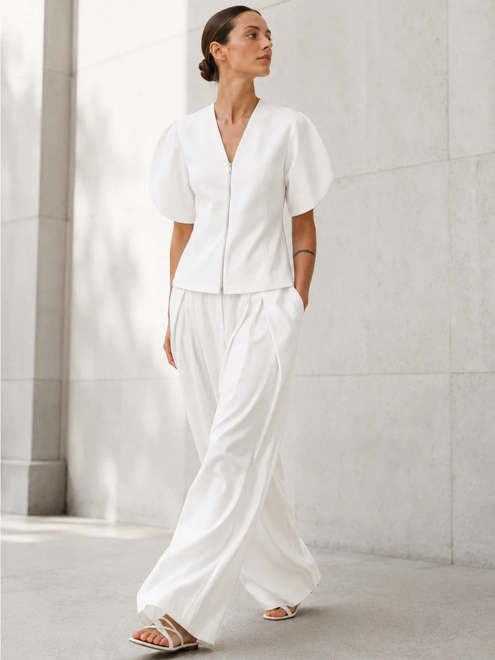Zara White Sculptural Puff Sleeve Zip Front Blouse Top NWT Size S